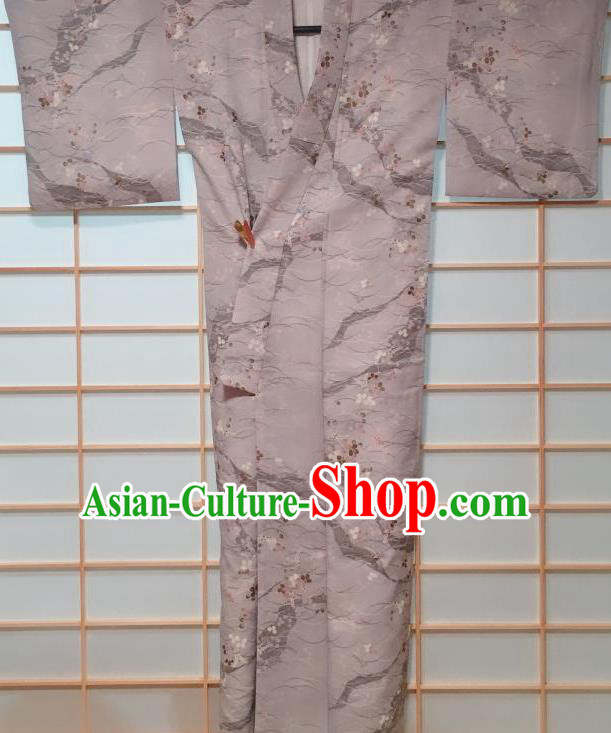 Traditional Japanese Grey Kimono Japan Classical Plum Blossom Pattern Yukata Dress Costume for Women
