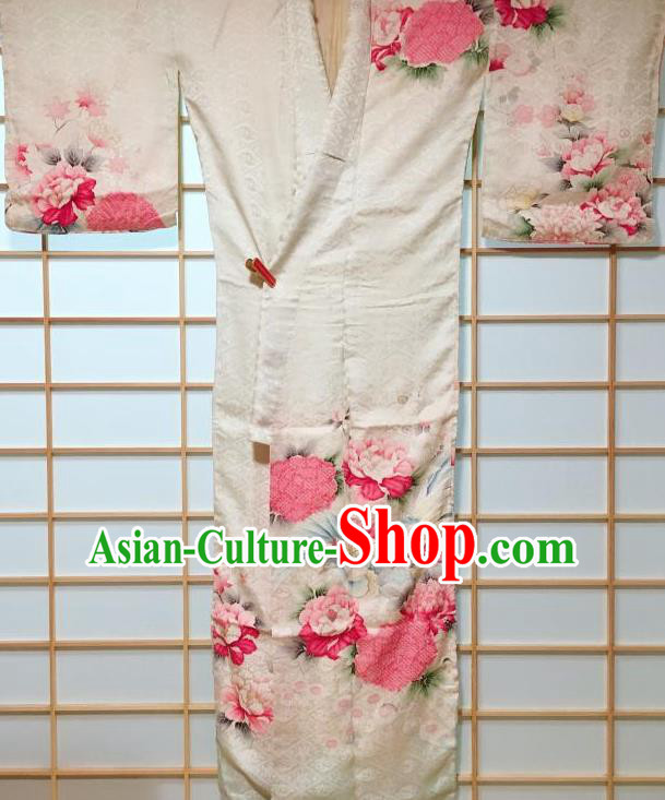 Traditional Japanese White Tsukesage Kimono Japan Classical Peacock Peony Pattern Yukata Dress Costume for Women