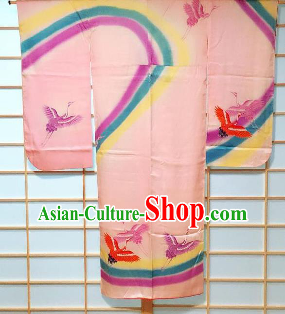 Traditional Japanese Costume Pink Furisode Kimono Japan Classical Phoenix Pattern Yukata Dress for Kids
