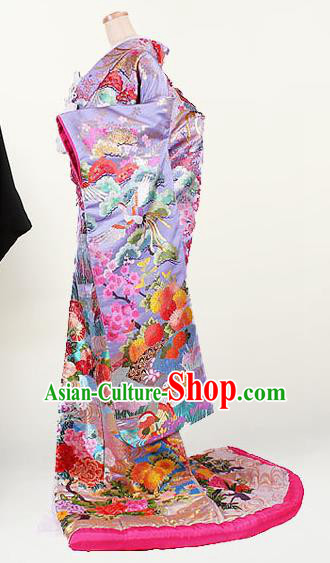Traditional Japanese Purple Silk Uchikake Kimono Japan Classical Phoenix Pattern Yukata Dress Costume for Women