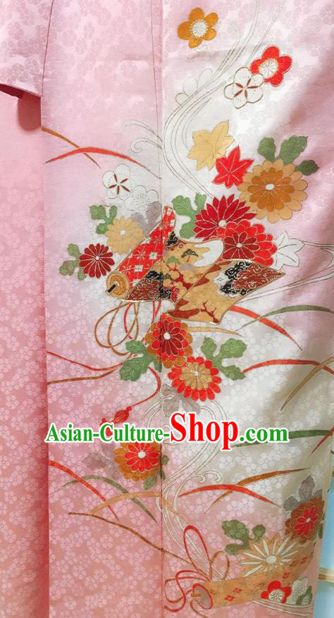 Traditional Japanese Pink Silk Tsukesage Kimono Japan Classical Chrysanthemum Pattern Yukata Dress Costume for Women