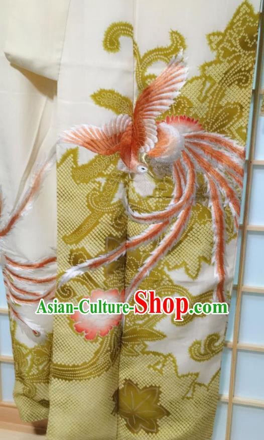 Traditional Japanese Embroidered Beige Furisode Kimono Japan Classical Phoenix Peony Pattern Yukata Dress Costume for Women