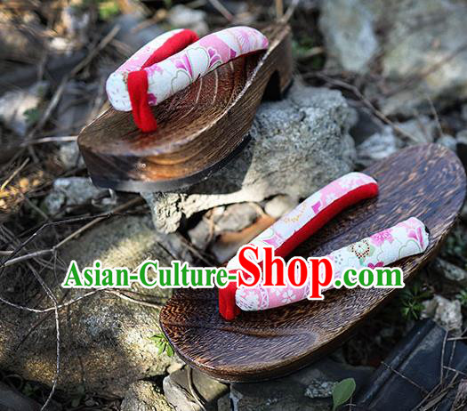 Traditional Japanese Sakura Pattern Pink Geta Slippers Asian Japan Clogs Shoes for Women