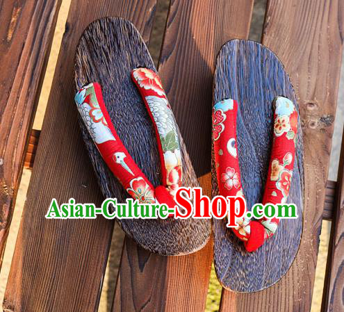 Traditional Japanese Crane Sakura Pattern Red Geta Slippers Asian Japan Clogs Shoes for Women