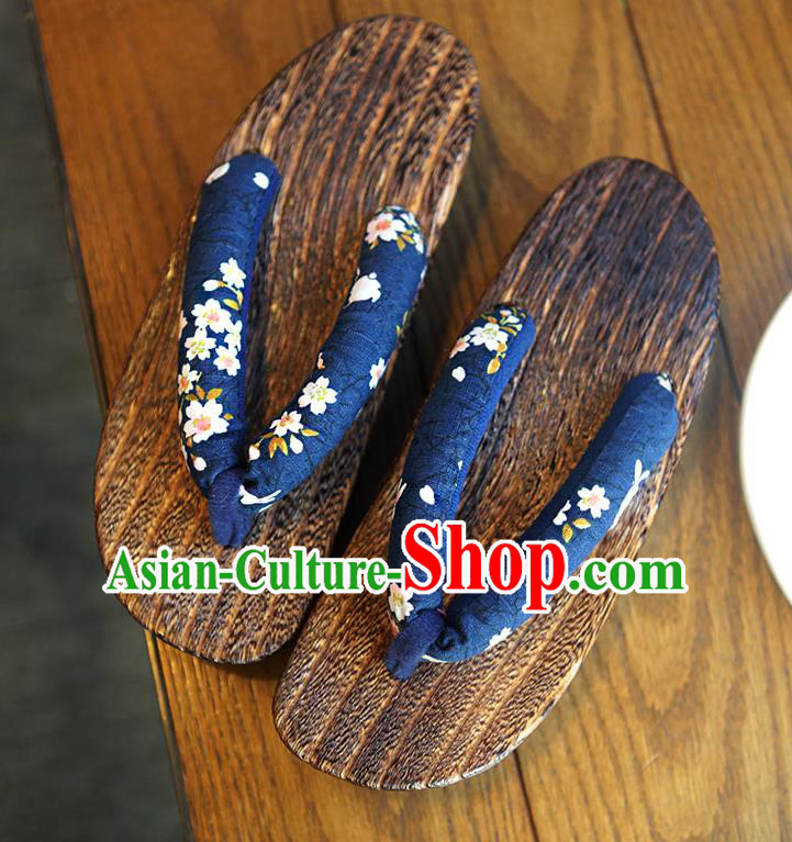Traditional Japanese Sakura Pattern Deep Blue Geta Slippers Asian Japan Clogs Shoes for Women