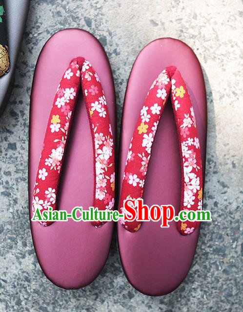 Traditional Japanese Sakura Pattern Wine Red Zori Geta Slippers Asian Japan Clogs Shoes for Women