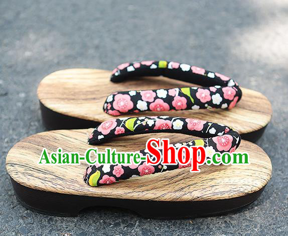 Traditional Japanese Plum Blossom Pattern Black Zori Geta Slippers Asian Japan Clogs Shoes for Women