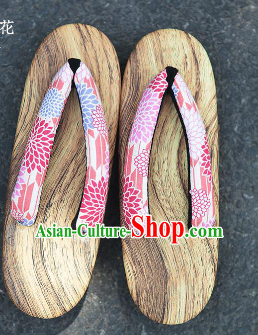 Traditional Japanese Chrysanthemum Pattern Pink Zori Geta Slippers Asian Japan Clogs Shoes for Women