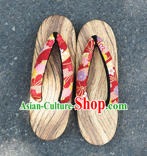 Traditional Japanese Chrysanthemum Sakura Pattern Red Zori Geta Slippers Asian Japan Clogs Shoes for Women