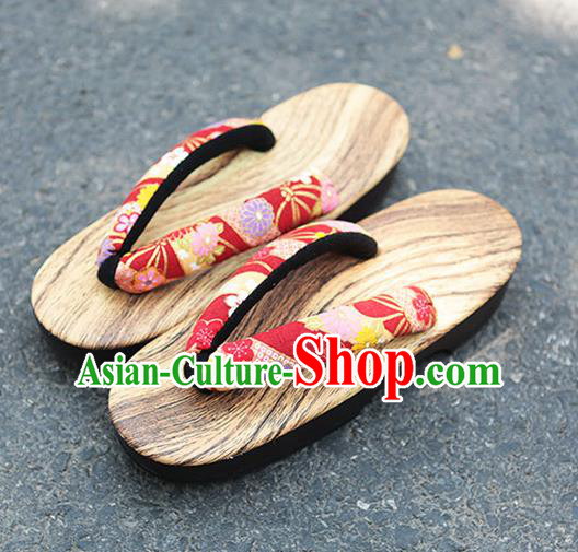 Traditional Japanese Chrysanthemum Sakura Pattern Red Zori Geta Slippers Asian Japan Clogs Shoes for Women