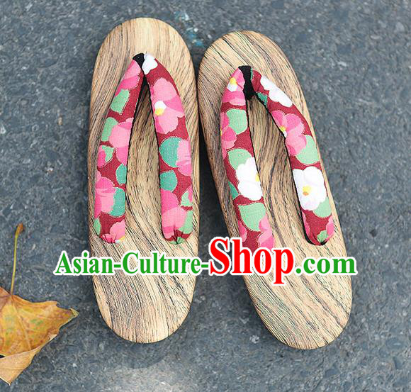 Traditional Japanese Sakura Pattern Purplish Red Zori Geta Slippers Asian Japan Clogs Shoes for Women