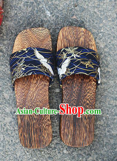 Traditional Japanese Crane Pattern Navy Slippers Geta Asian Japan Clogs Shoes for Women