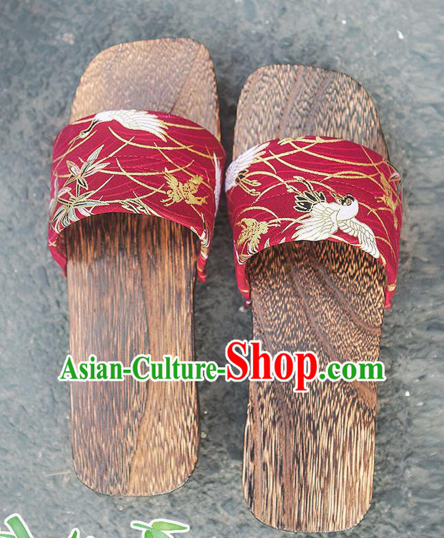 Traditional Japanese Crane Pattern Red Slippers Geta Asian Japan Clogs Shoes for Women