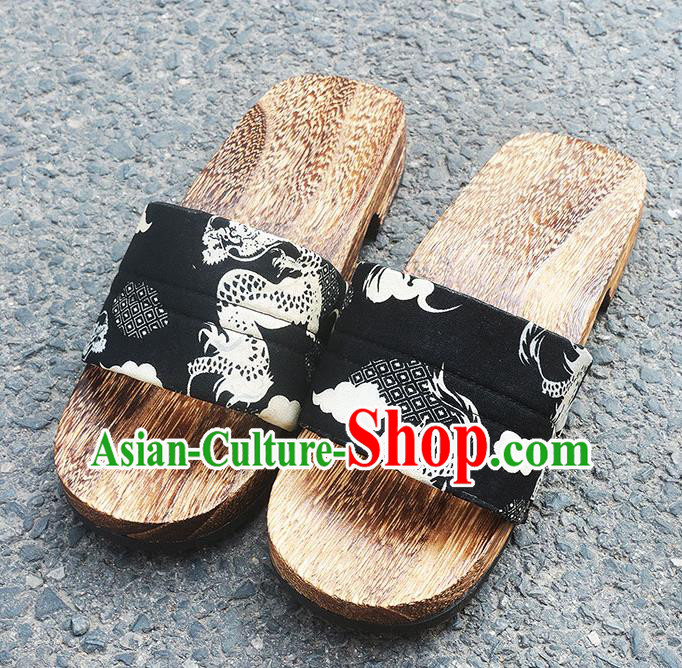 Traditional Japanese Dragon Pattern Black Geta Slippers Asian Japan Clogs Shoes for Men