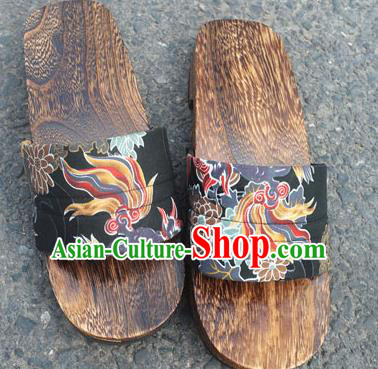 Traditional Japanese Kylin Pattern Black Geta Slippers Asian Japan Clogs Shoes for Men