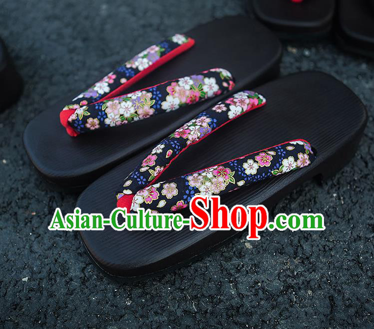 Traditional Japanese Sakura Pattern Navy Slippers Geta Asian Japan Clogs Zori Shoes for Women
