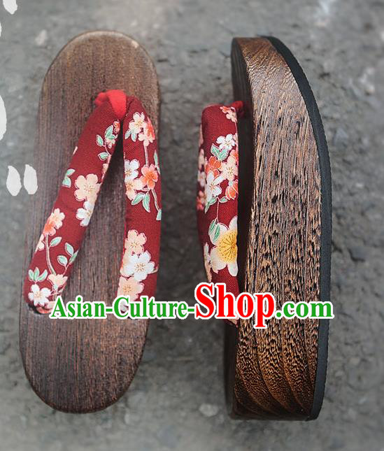 Traditional Japanese Classical Sakura Pattern Purplish Red Slippers Geta Asian Japan Clogs Zori Shoes for Women