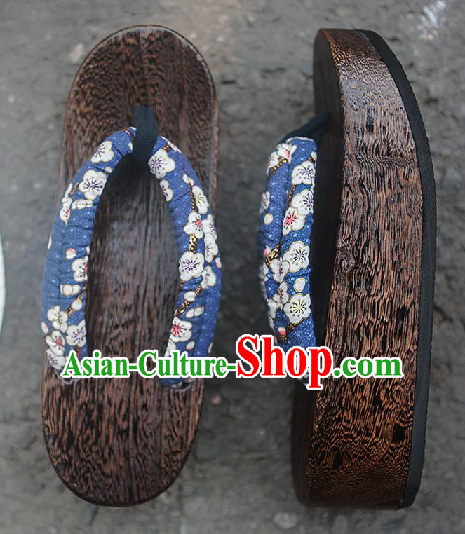 Traditional Japanese Classical Sakura Pattern Blue Slippers Geta Asian Japan Clogs Zori Shoes for Women