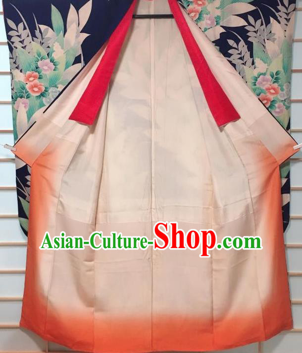 Traditional Japanese Navy Furisode Kimono Japan Classical Camellia Pattern Yukata Dress Costume for Women