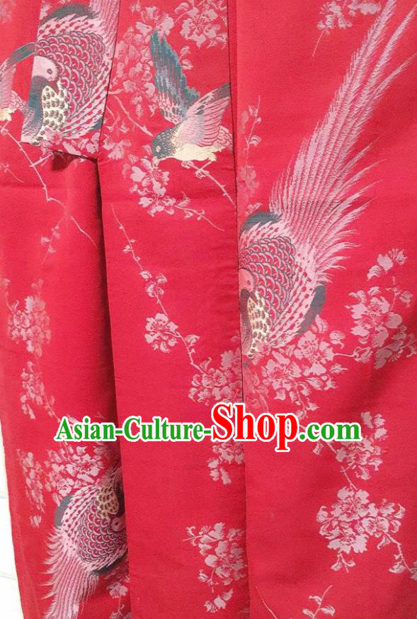 Traditional Japanese Embroidered Red Tsukesage Kimono Japan Classical Pheasant Pattern Yukata Dress Costume for Women