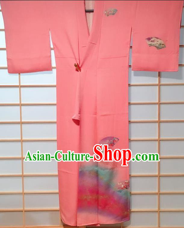 Traditional Japanese Pink Tsukesage Kimono Japan Classical Fan Pattern Yukata Dress Costume for Women
