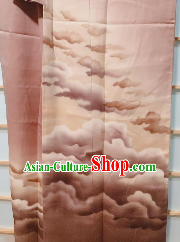 Traditional Japanese Brown Tsukesage Kimono Japan Classical Cloud Pattern Yukata Dress Costume for Women