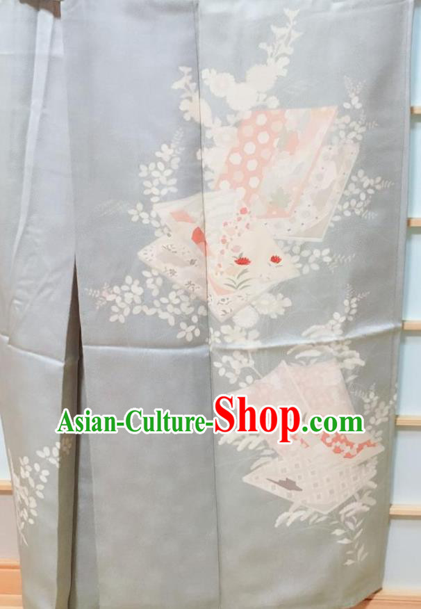 Traditional Japanese Grey Silk Tsukesage Kimono Japan Classical Flowers Pattern Yukata Dress Costume for Women