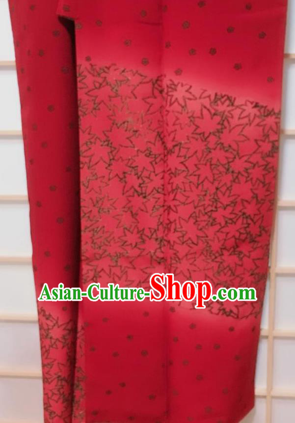 Traditional Japanese Dark Red Tsukesage Kimono Japan Classical Maple Leaf Pattern Yukata Dress Costume for Women