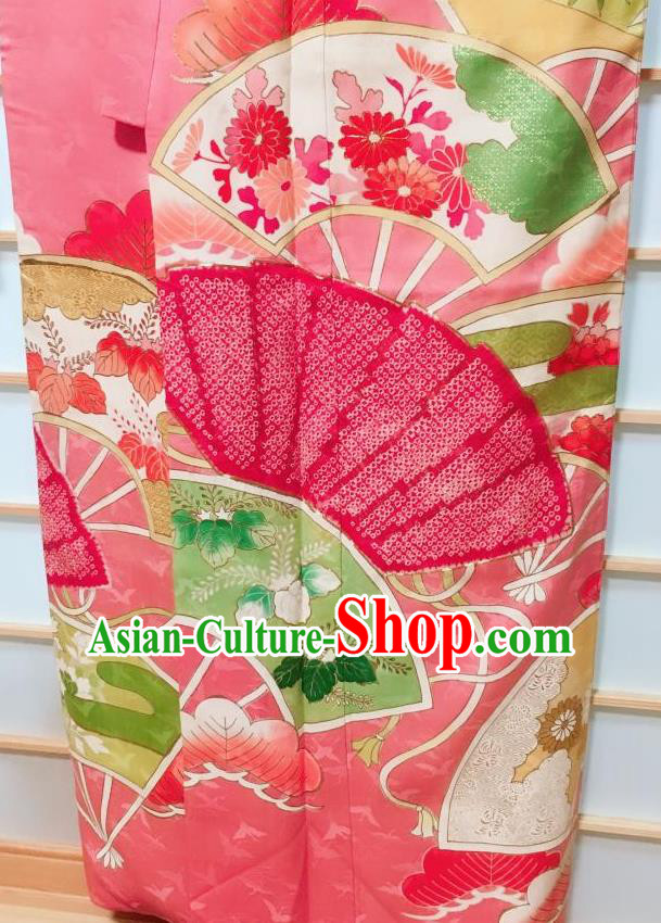 Traditional Japanese Pink Furisode Kimono Japan Classical Chrysanthemum Fan Pattern Yukata Dress Costume for Women