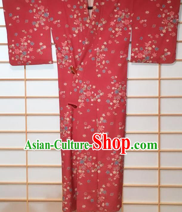 Traditional Japanese Rosy Kimono Japan Classical Maple Leaf Pattern Yukata Dress Costume for Women