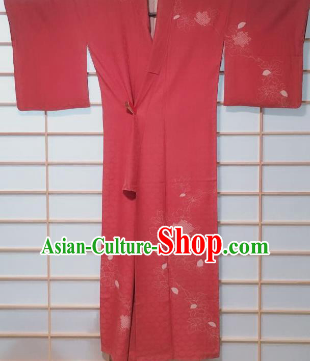 Traditional Japanese Deep Pink Tsukesage Kimono Japan Classical Tortoise Shell Pattern Yukata Dress Costume for Women