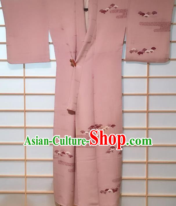 Traditional Japanese Printing Pink Tsukesage Kimono Japan Classical Pine Pattern Yukata Dress Costume for Women