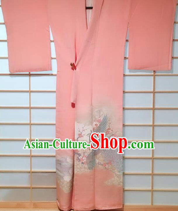 Traditional Japanese Pink Uchikake Kimono Japan Classical Peacock Plum Pattern Yukata Dress Costume for Women