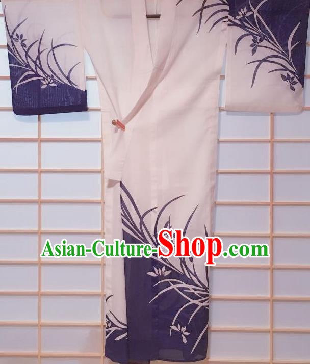 Traditional Japanese White Tsukesage Kimono Japan Classical Orchid Pattern Yukata Dress Costume for Women