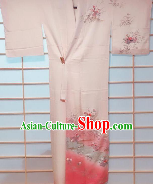 Traditional Japanese Light Pink Tsukesage Kimono Japan Classical Flowers Pattern Yukata Dress Costume for Women