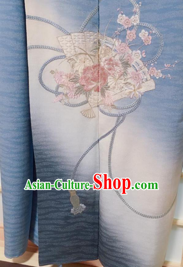 Traditional Japanese Blue Tsukesage Kimono Japan Classical Embroidered Peony Pattern Yukata Dress Costume for Women