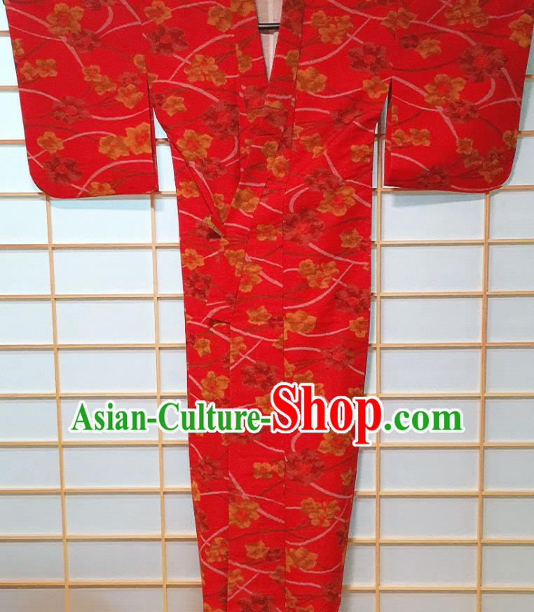 Traditional Japanese Printing Red Kimono Japan Classical Flowers Pattern Yukata Dress Costume for Women