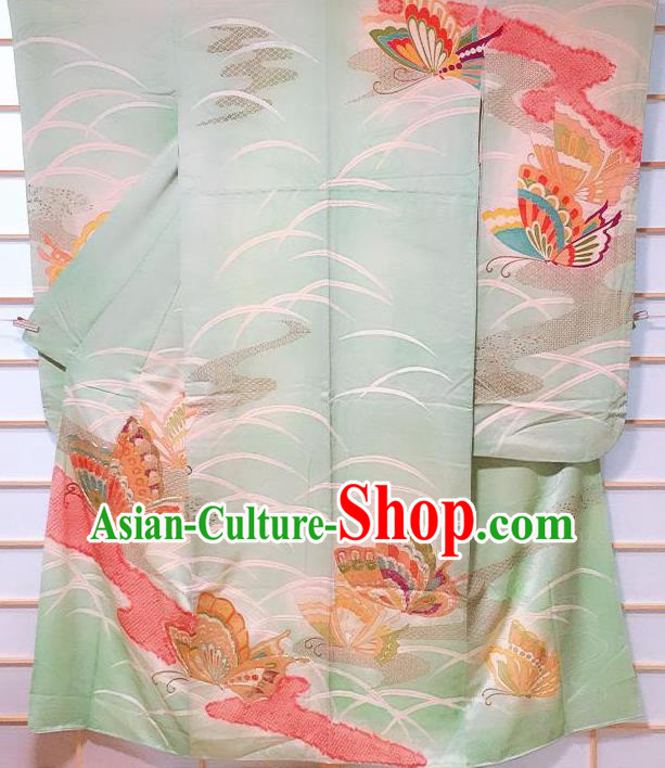 Traditional Japanese Light Green Furisode Kimono Japan Classical Butterfly Pattern Yukata Dress Costume for Women