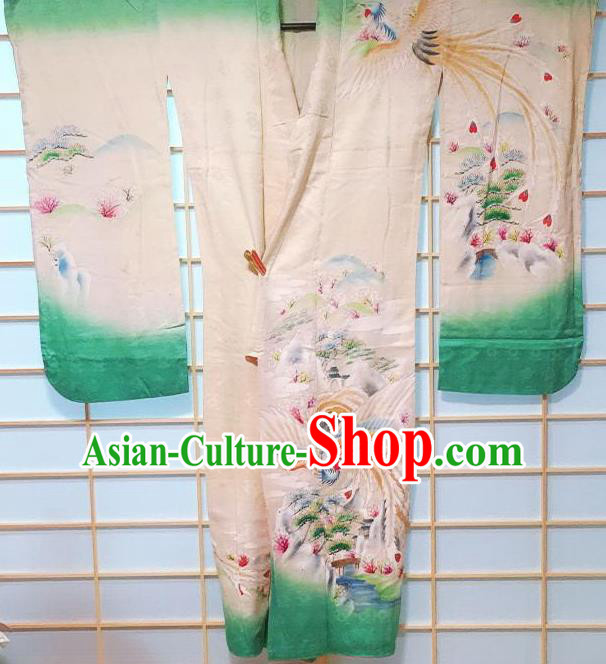 Traditional Japanese White Furisode Kimono Japan Classical Phoenix Pattern Yukata Dress Costume for Women