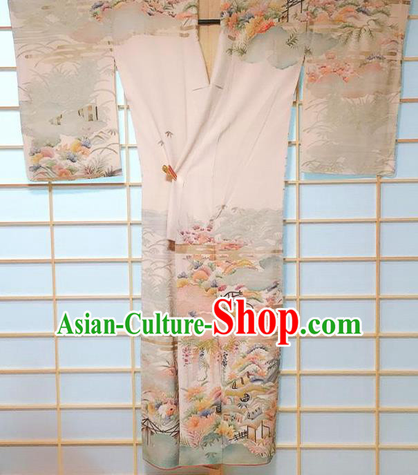 Traditional Japanese Light Blue Tsukesage Kimono Japan Classical Wisteria Pattern Yukata Dress Costume for Women