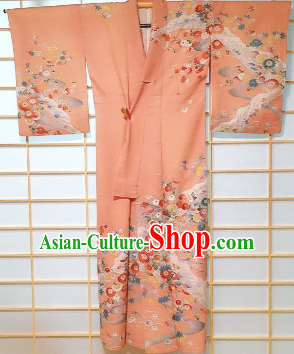 Traditional Japanese Orange Tsukesage Kimono Japan Classical Chrysanthemum Pattern Yukata Dress Costume for Women