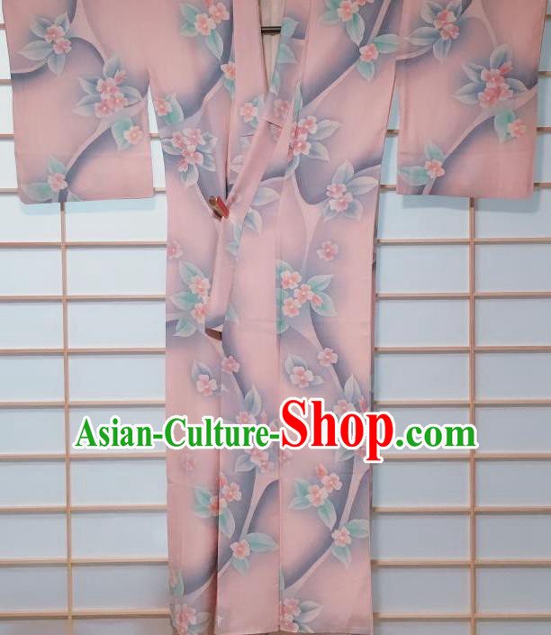 Traditional Japanese Pink Kimono Japan Classical Flowers Pattern Yukata Dress Costume for Women