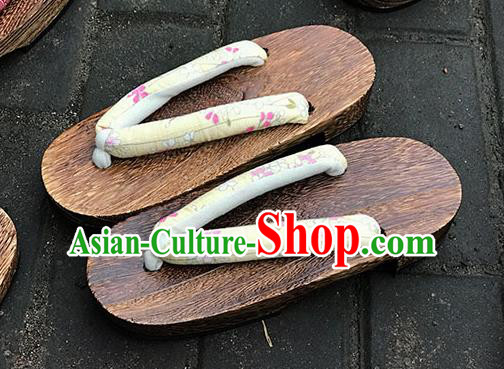 Traditional Japanese Classical Sakura Pattern Light Yellow Flip Flops Slippers Geta Asian Japan Clogs Shoes for Women