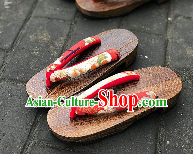 Traditional Japanese Classical Chrysanthemum Pattern Red Flip Flops Slippers Geta Asian Japan Clogs Shoes for Women