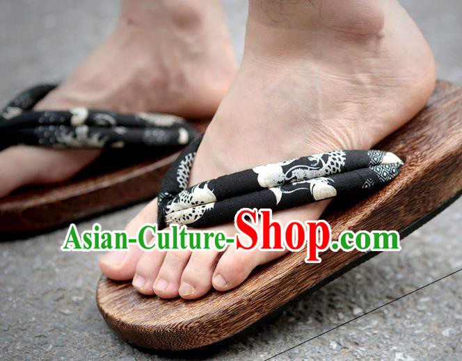 Traditional Japanese Dragon Pattern Black Geta Slippers Asian Japan Clogs Shoes for Men