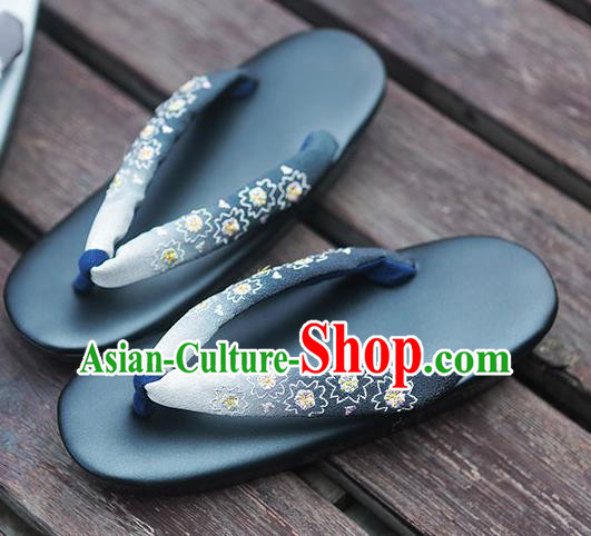 Traditional Japanese Classical Embroidered Navy Flip Flops Slippers Zori Geta Asian Japan Clogs Shoes for Women