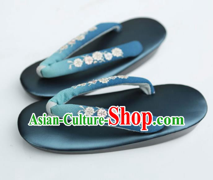 Traditional Japanese Classical Embroidered Blue Flip Flops Slippers Zori Geta Asian Japan Clogs Shoes for Women