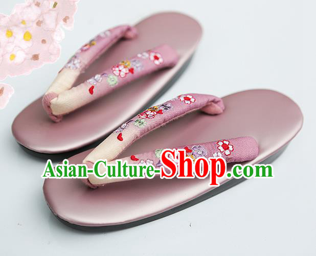 Traditional Japanese Classical Embroidered Lilac Flip Flops Slippers Zori Geta Asian Japan Clogs Shoes for Women