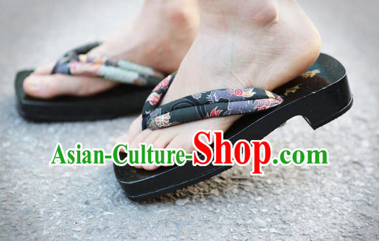 Japanese Traditional Kylin Pattern Black Flip Flops Slippers Clogs Asian Japan Geta Shoes for Men