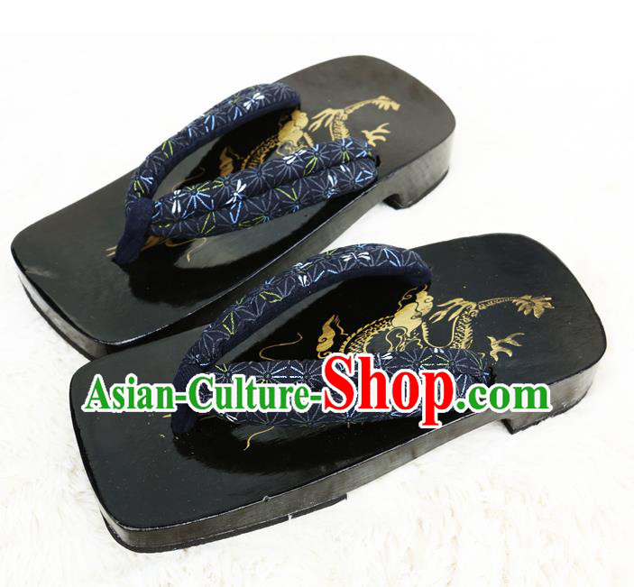 Japanese Traditional Snowflakes Pattern Navy Flip Flops Slippers Clogs Asian Japan Geta Shoes for Men